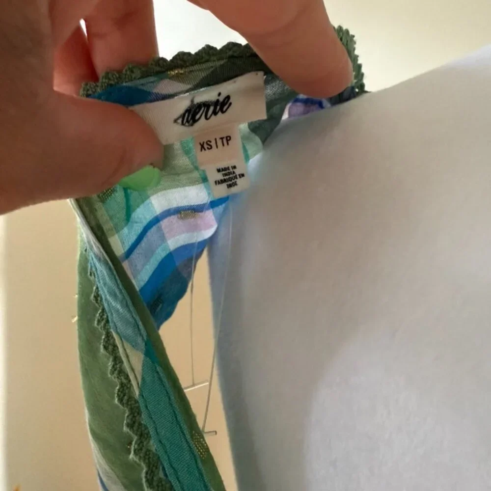 NWOT Aerie Blue Green Plaid Peplum Summer Crop Top Front Tie Plunge Neck Size XS - Picture 6 of 8